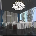 Modern SPA Sauna Interior With Chandelier Massage Beds Blue Decor Glass Windows Dark Marble Flooring