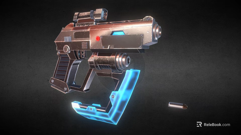 Futuristic Pistol With Metallic Silver Frame Blue Glowing Accents And Detachable Component 3d model 