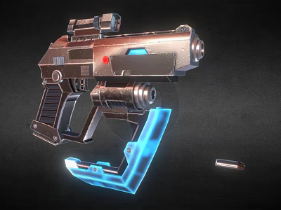 Futuristic Pistol With Metallic Silver Frame Blue Glowing Accents And Detachable Component 3d model