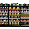 Neatly Organized Retail Display Shelves Stocked with Various Colored Bottled Products