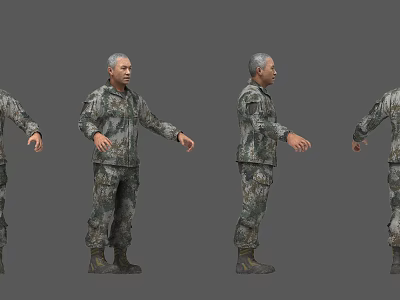 Detailed 3D Military Character in Camouflage Uniform Displayed from Multiple Angles 3d model