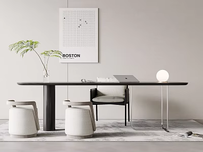 Modern Home Office Interior Desk With Laptop Wall Poster Potted Plant And Stools 3d model