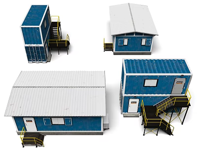 Blue And White Prefabricated Container Buildings With Yellow Stairs And Platforms 3d model