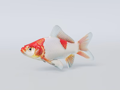 Red And White Goldfish Featuring Large Eyes And Fan Shaped Fins On Light Gray Background 3d model
