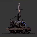Weapon components being lifted by mechanical arm onto wooden pallet with dark background