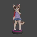 Woman With Cat Ears Horns Holding Red Trident Wearing Purple Top Blue Skirt Pastel Gradient