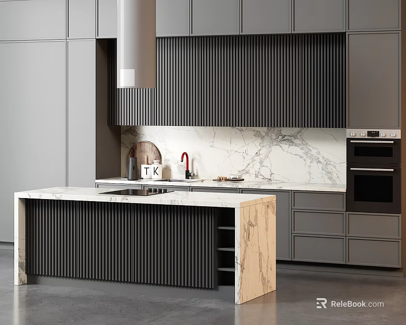 Modern Kitchen With Marble Countertop Island Vertical Slats Gray Cabinets Marble Backsplash And Built-in Oven 3d model 