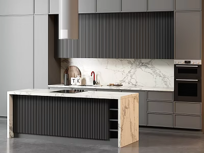 Modern Kitchen With Marble Countertop Island Vertical Slats Gray Cabinets Marble Backsplash And Built-in Oven 3d model
