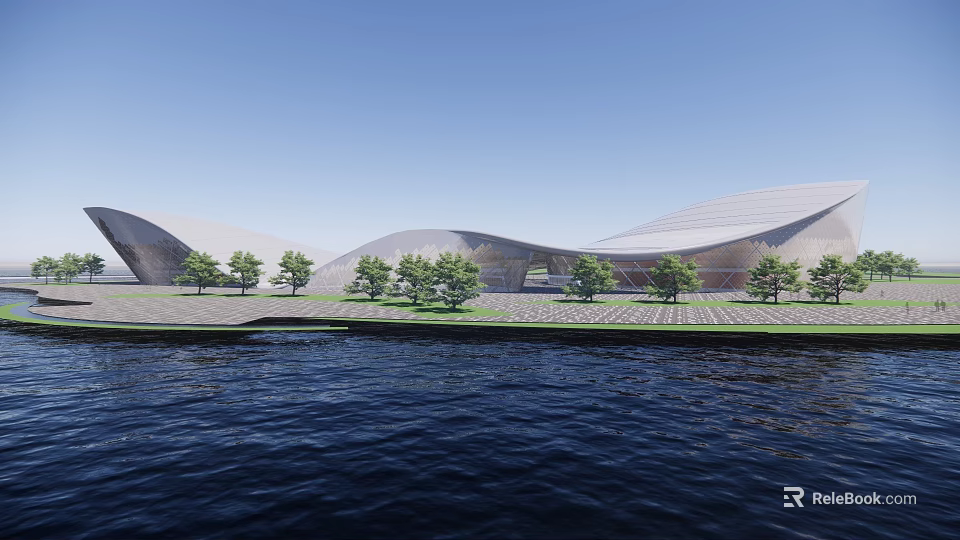 Modern Architectural Building Exterior By Waterfront With Trees And Open Sky 3d model 
