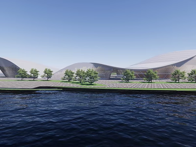 Modern Architectural Building Exterior By Waterfront With Trees And Open Sky 3d model