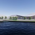 Modern Architectural Building Exterior By Waterfront With Trees And Open Sky