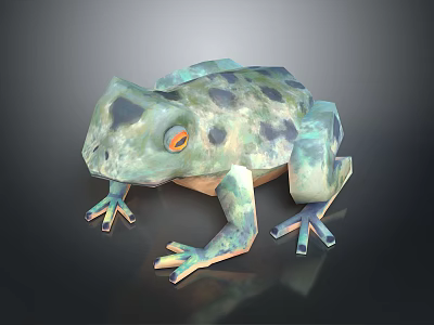 3D Low Poly Frog with Blue Green Black Spots and Orange Eyes on Dark Background 3d model