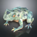3D Low Poly Frog with Blue Green Black Spots and Orange Eyes on Dark Background