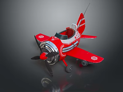 Vintage Red Retro Style Toy Airplane With Propeller Cockpit And Decorative Stripes Logos 3d model