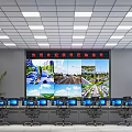 Monitoring Room Interior With Large Screen Multiple Surveillance Feeds Computer Workstations And Chairs