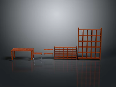 Modern Wooden Furniture Collection Including Table Benches And Lattice Bookshelf On Reflective Floor 3d model