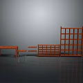 Modern Wooden Furniture Collection Including Table Benches And Lattice Bookshelf On Reflective Floor