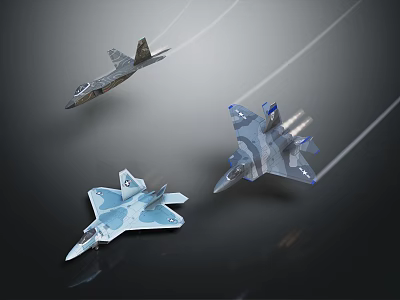 Realistic Miniature Fighter Jet Models Flying With Trailing Smoke Lines Against Dark Backdrop 3d model