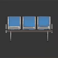 Three Seat Public Chair With Blue Cushions And Silver Metal Armrests