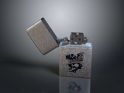 Shiny Metallic Lighter with Open Lid and Dragon Pattern as Daily Household Utility 3d model