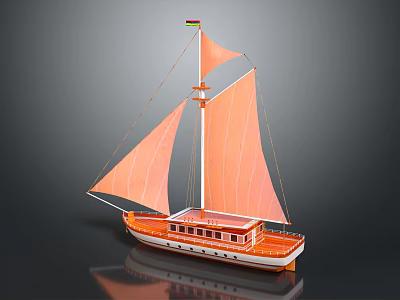 Classic Sailing Boat With Orange Sails White Hull And Flag On Mast 3d model