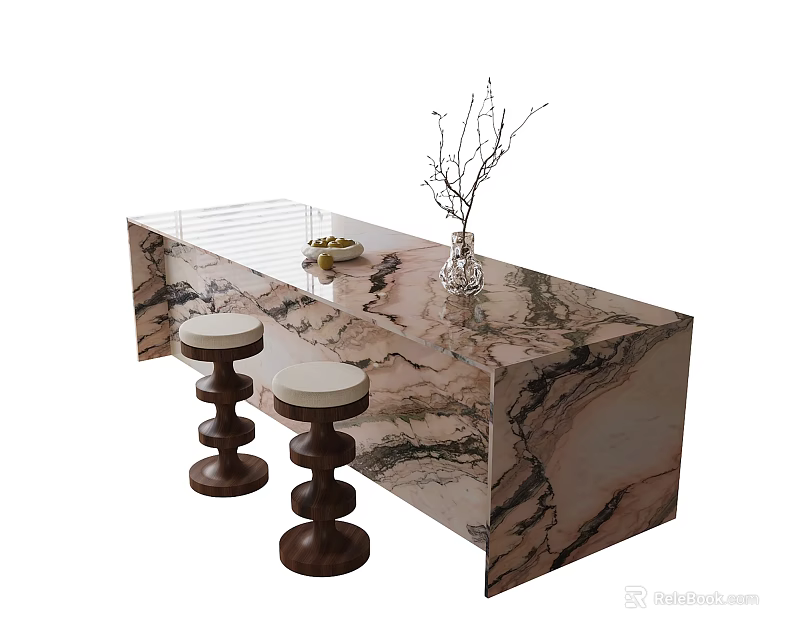 Elegant Bar Counter With Marble Top And Brown Stools With Decorative Vase 3d model 