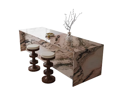 Elegant Bar Counter With Marble Top And Brown Stools With Decorative Vase 3d model