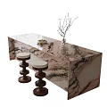 Elegant Bar Counter With Marble Top And Brown Stools With Decorative Vase