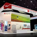 SUNTECH Exhibition Booth Red White Design With Top Logo Large Screen And Green Field