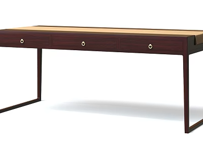 Dark Wooden Desk With Three Drawers Round Metal Handles And Light Colored Top 3d model