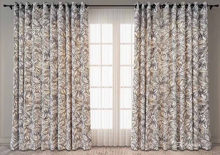 Leaf Pattern Curtains With Neutral Tones And Sheer Panels For Stylish Window Design 3d model 