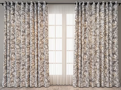Leaf Pattern Curtains With Neutral Tones And Sheer Panels For Stylish Window Design 3d model