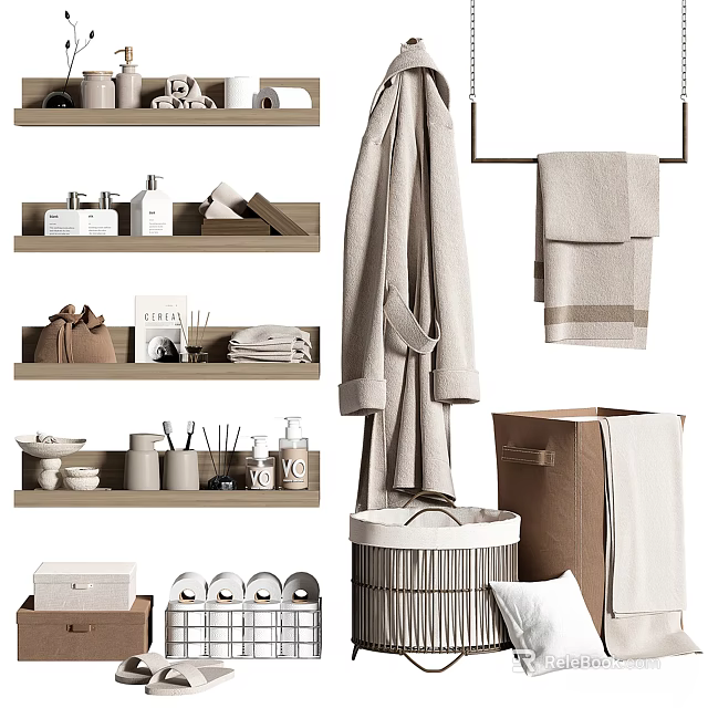 Bathroom Washing Daily Essentials With Storage Towels Robe And Basket 3d model 