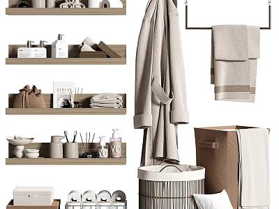 Bathroom Washing Daily Essentials With Storage Towels Robe And Basket 3d model