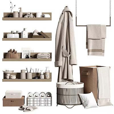 Bathroom Washing Daily Essentials With Storage Towels Robe And Basket 3d model