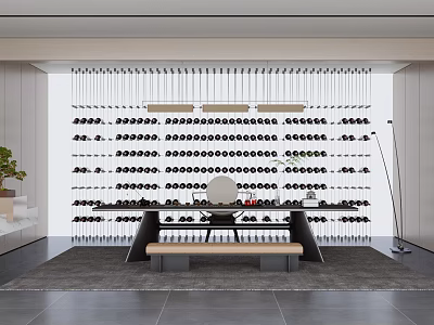 Organized Shoe Display Wall With Multiple Hanging Footwear And Wooden Bench 3d model