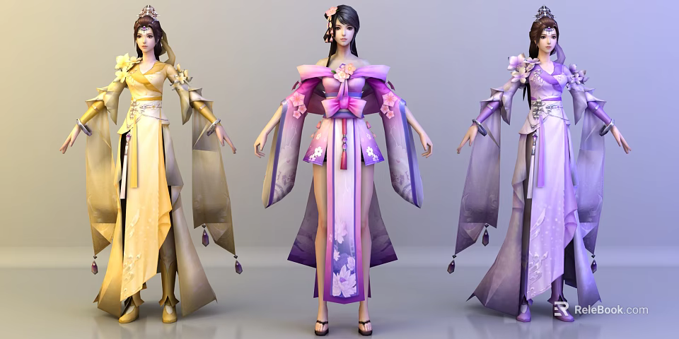 Three Elegant Female Characters In Traditional Colorful Robes With Floral Patterns And Decorative Details 3d model 