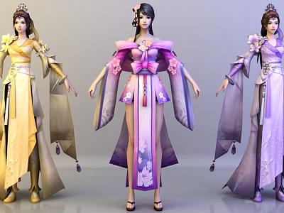 Three Elegant Female Characters In Traditional Colorful Robes With Floral Patterns And Decorative Details 3d model