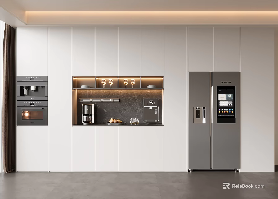 Modern Wine Cabinet In Open Kitchen With Glass Shelves And Wine Glasses 3d model 