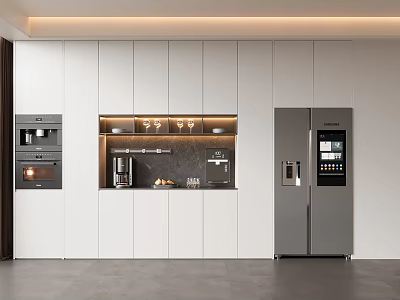 Modern Wine Cabinet In Open Kitchen With Glass Shelves And Wine Glasses 3d model