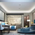 Elegant Hotel Guest Room With King Bed Blue Sofa Large Window And Patterned Carpet