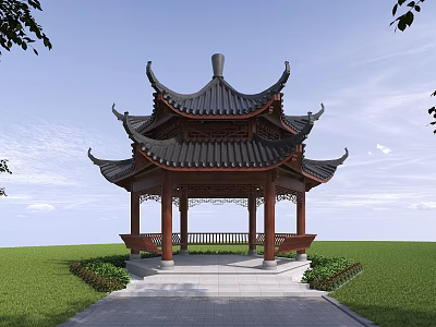 Traditional Ancient Chinese Pavilion With Multi tiered Roof Curved Eaves And Green Lawn Surroundings 3d model