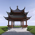 Traditional Ancient Chinese Pavilion With Multi tiered Roof Curved Eaves And Green Lawn Surroundings
