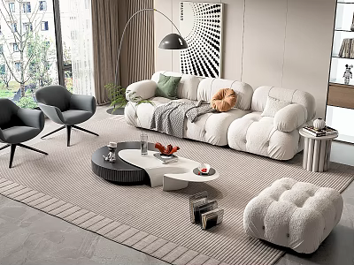 Modern White Sofa and Coffee Table Set with Green Cushions Floor Lamp and Accent Chairs 3d model