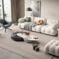 Modern White Sofa and Coffee Table Set with Green Cushions Floor Lamp and Accent Chairs