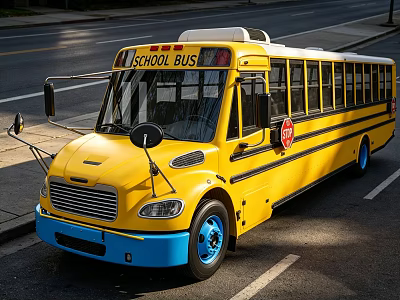 Yellow School Bus With Stop Sign Blue Wheels And Side Windows Parked On Roadside 3d model