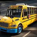 Yellow School Bus With Stop Sign Blue Wheels And Side Windows Parked On Roadside
