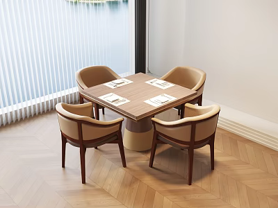 Wooden Dining Table Set With Beige Chairs In Herringbone Floor Room And Window Blinds 3d model