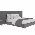 Modern Double Bed with Upholstered Headboard Striped Bedding and Side Nightstand 3d model