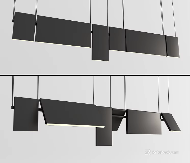 Sleek Modern Black Chandelier Design With Irregular Rectangular Panels And Built In Lighting 3d model